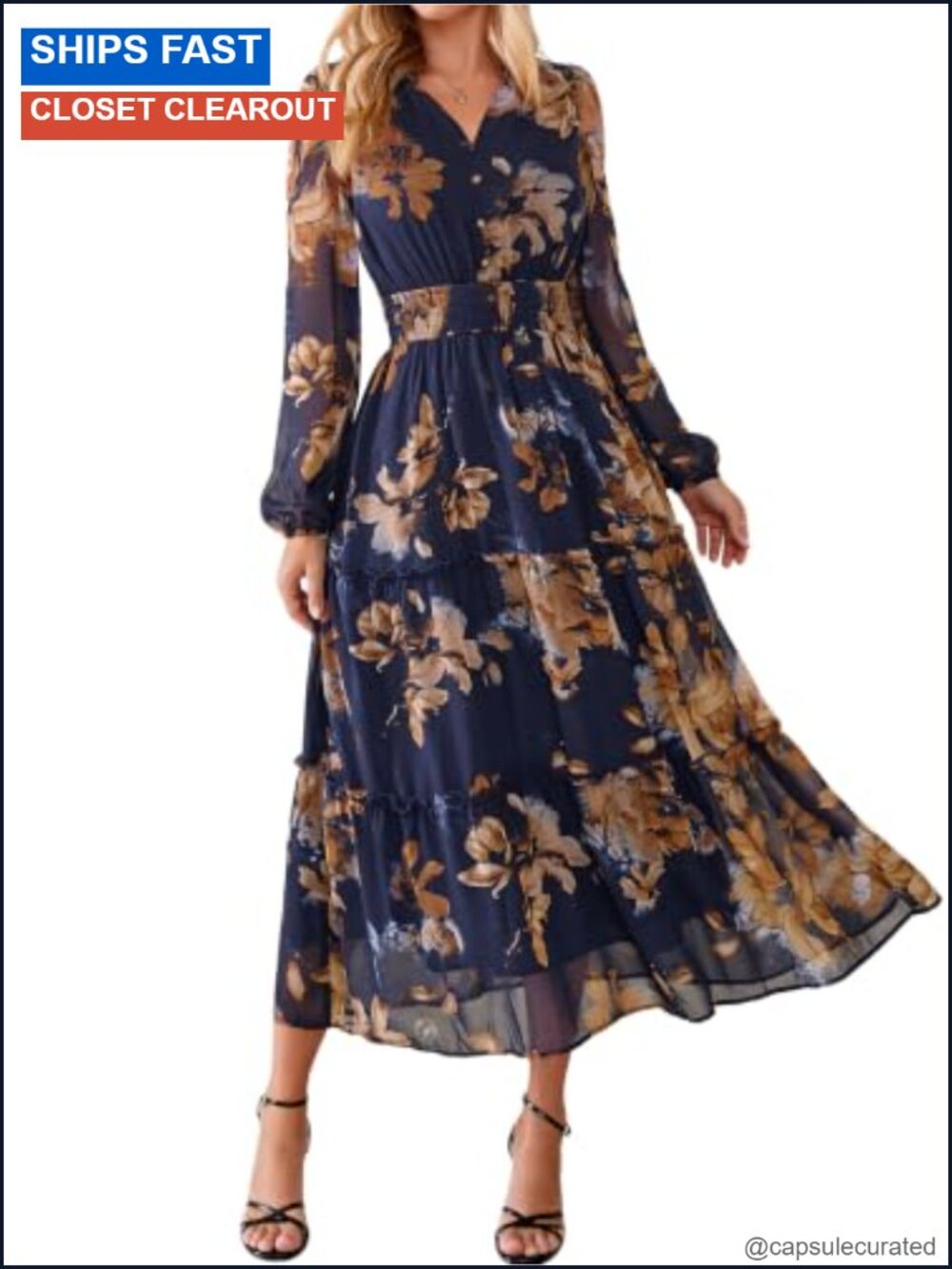 Floral Boho Maxi Dress Long Sleeve Flowy Chiffon Wedding Guest